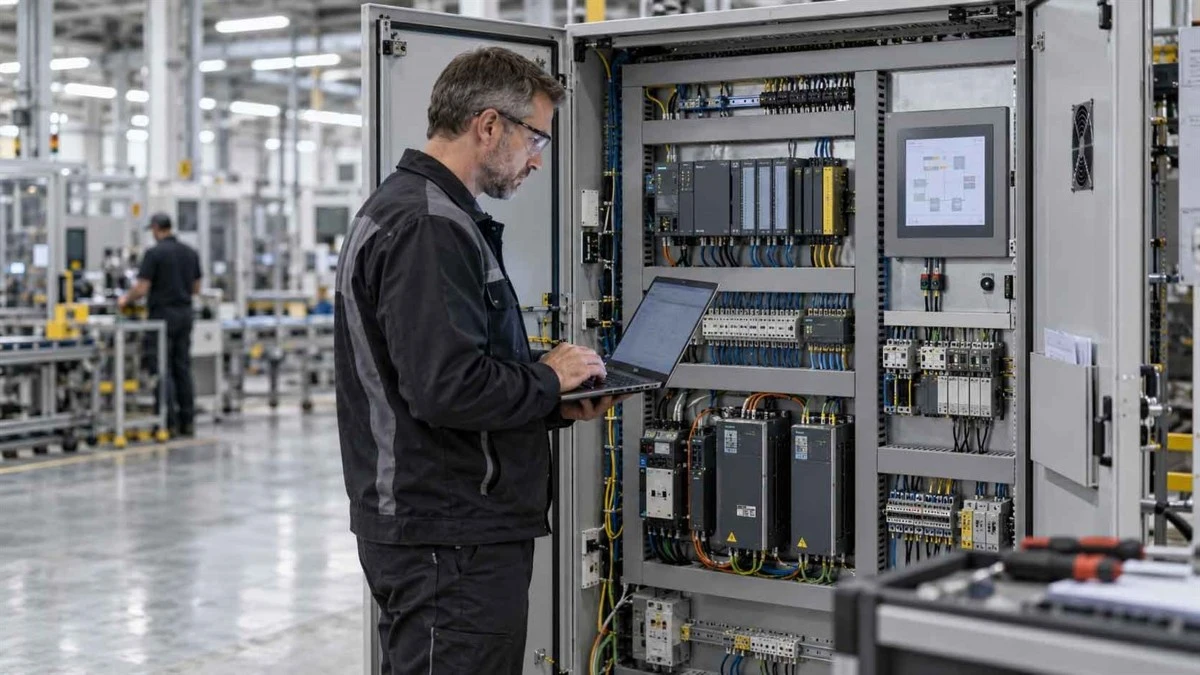 Controls engineer reviewing a PLC control cabinet and project requirements in a manufacturing plant. Controls engineer reviewing a PLC control cabinet and project requirements in a manufacturing plant.