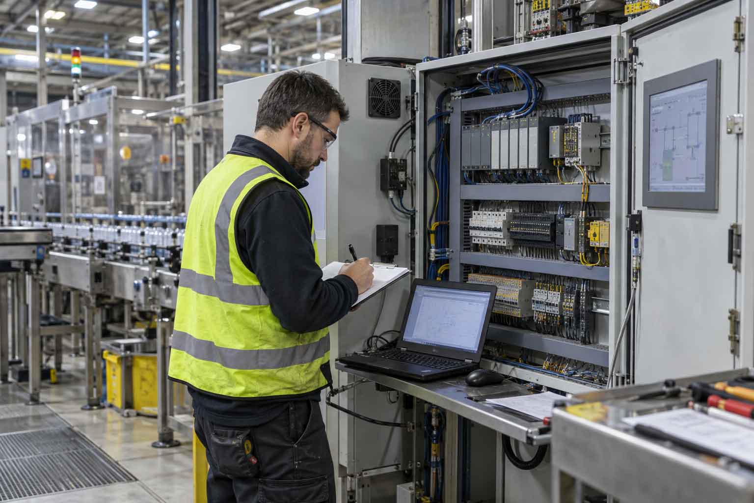Engineer inspecting an existing PLC control cabinet before planning an automation upgrade Engineer inspecting an existing PLC control cabinet before planning an automation upgrade