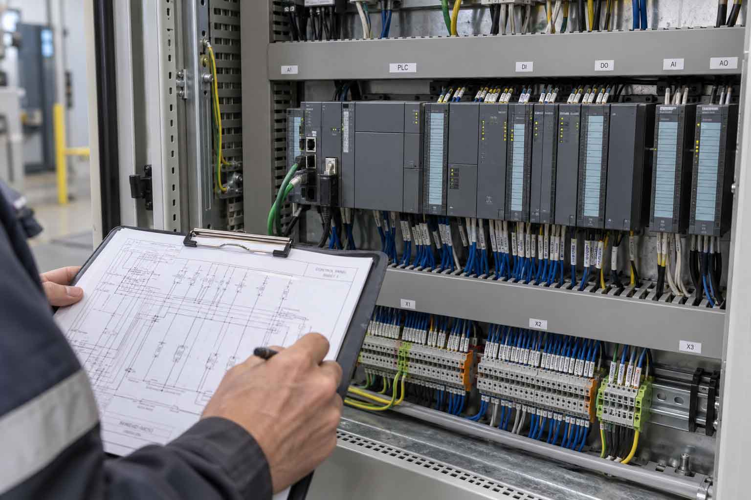 PLC CPU and IO modules installed in a control panel with organized field wiring PLC CPU and IO modules installed in a control panel with organized field wiring