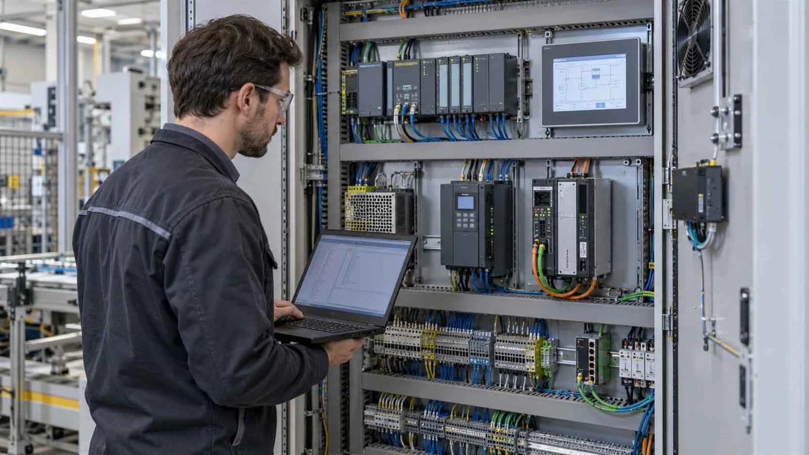 PLC HMI variable frequency drive and servo drive integrated inside an industrial control system PLC HMI variable frequency drive and servo drive integrated inside an industrial control system