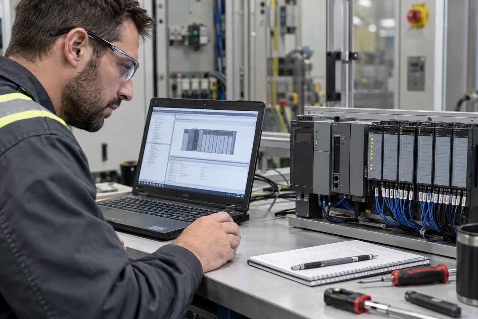 Engineer checking PLC hardware details against engineering software on a laptop Engineer checking PLC hardware details against engineering software on a laptop