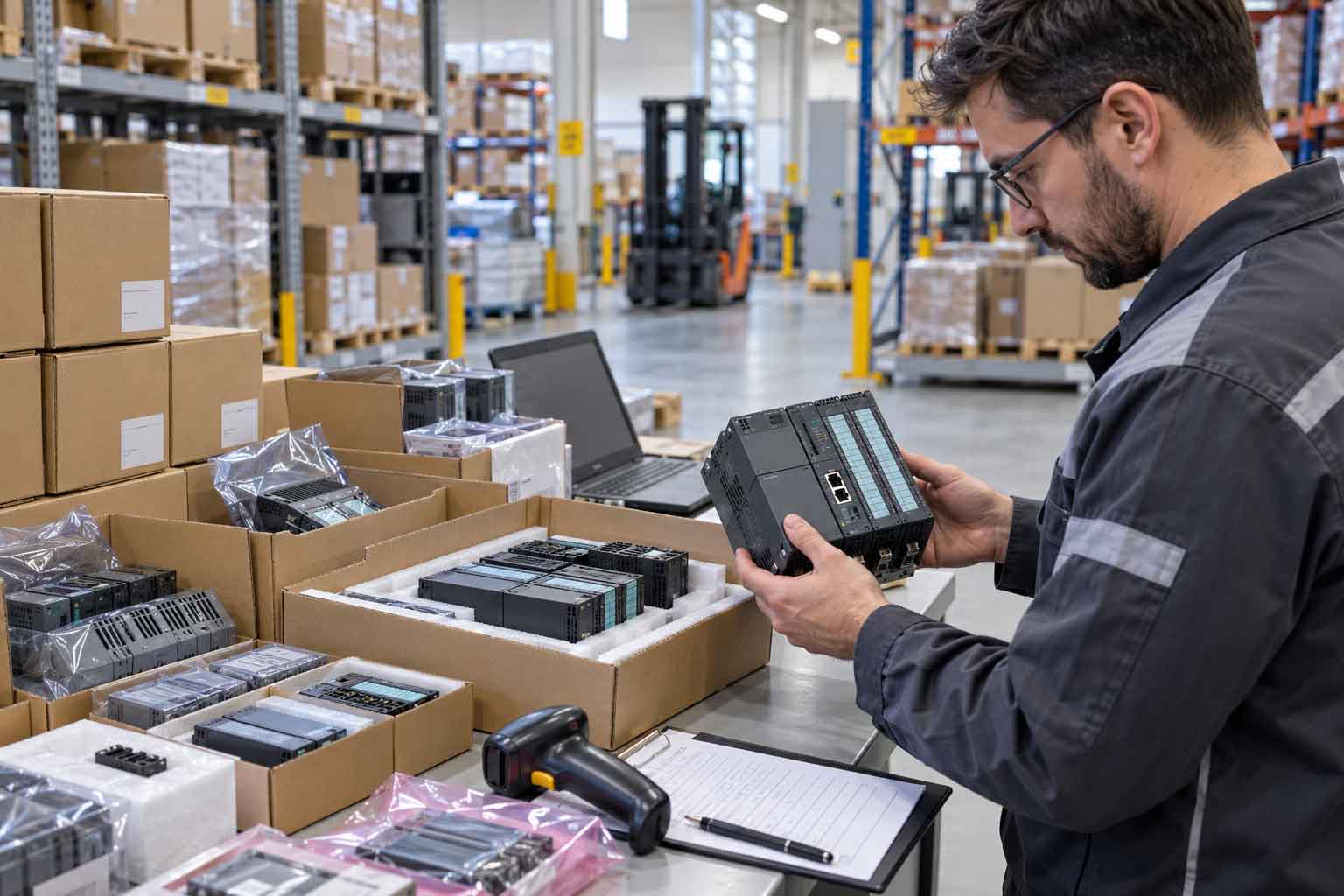 Warehouse inspector checking the condition and packaging of industrial automation components before shipment Warehouse inspector checking the condition and packaging of industrial automation components before shipment